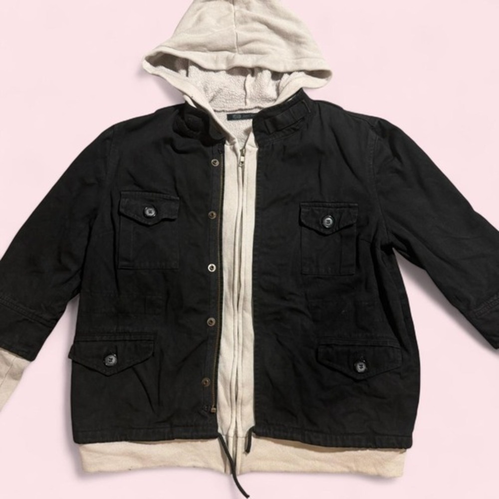 John Eshaya Vintage Y2K Black Denim Hooded Moto Jacket Skater Twilight Small - Picture 2 of 7